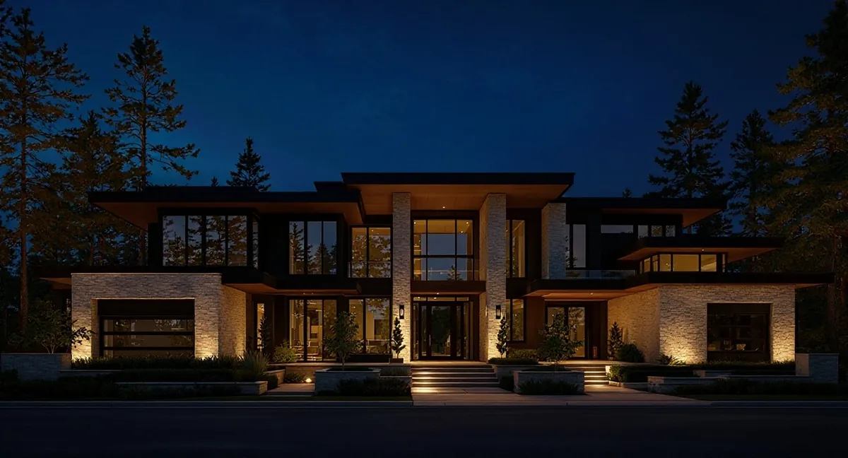 The same Belle Meade landscape lit after dark