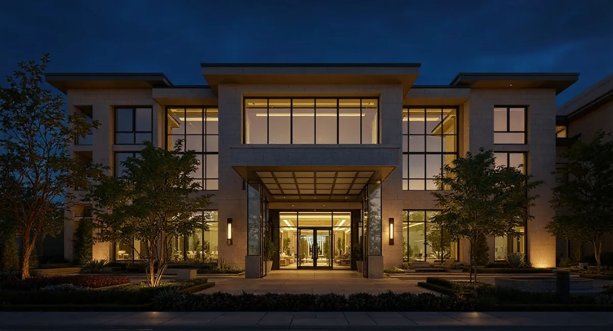A commercial property lit after dark