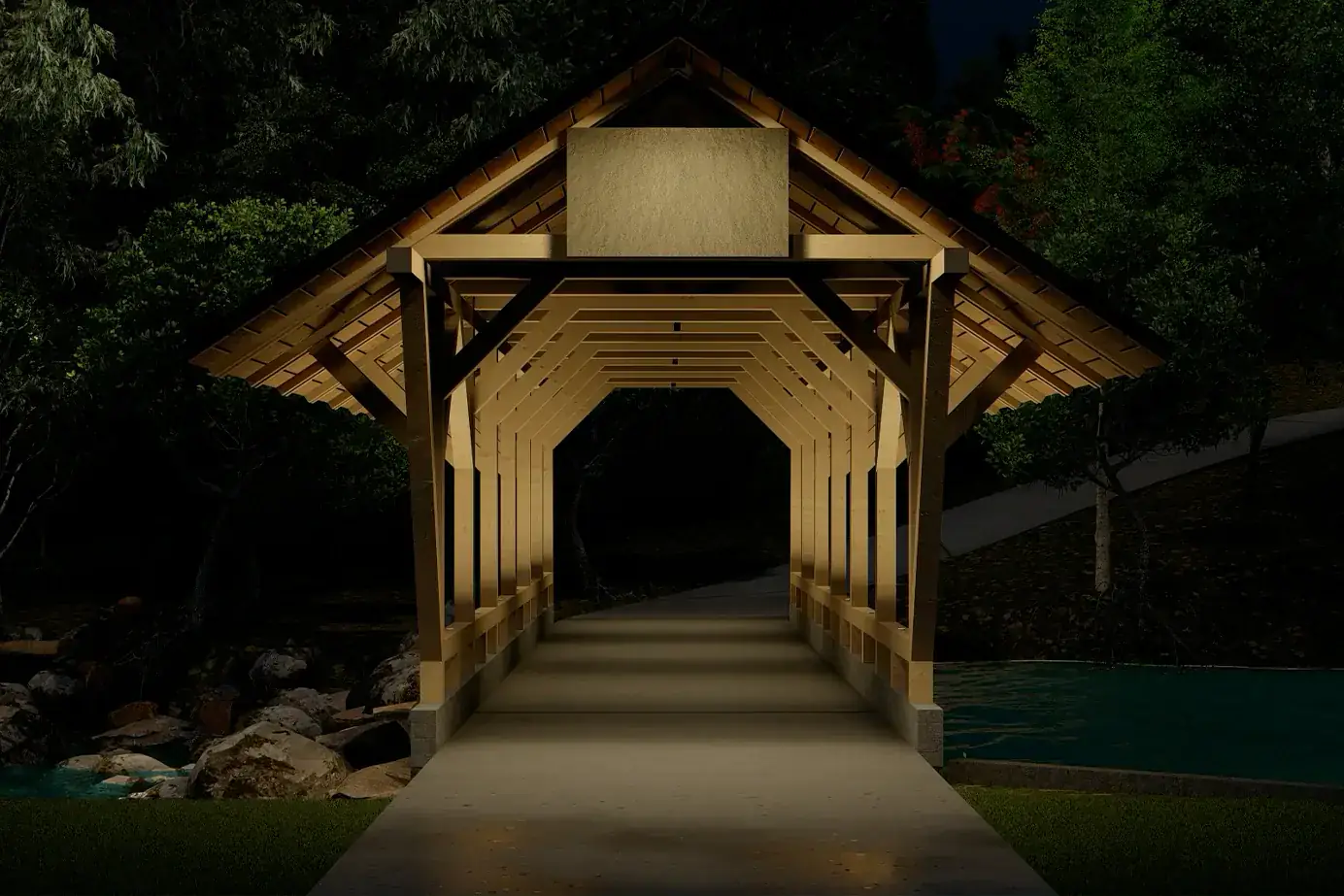 Photorealistic outdoor lighting design rendering of a covered bridge at night by Light TN